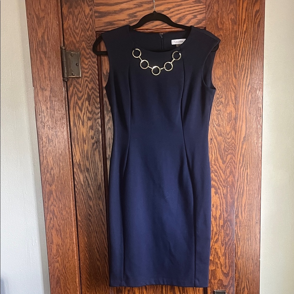 Calvin Klein Navy Sheath Dress with Gold-Tone Chain Detail